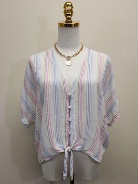 Rails Pastel Stripe Tie Front Blouse V Neck Lightweight Top Size Medium